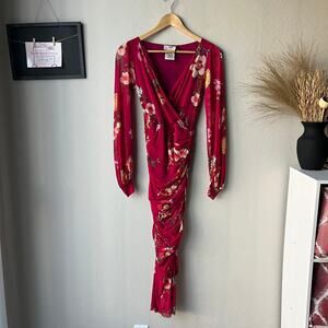 Fuzzi Dress Floral Printed Ruched Long Sleeve V-neck Red Wrap Midi Dress Size M
